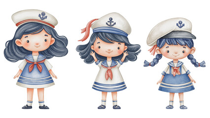 Cute cartoon girl sailors watercolor