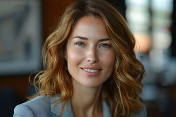 Confident Woman with Wavy Hair Smiling in a Professional Setting