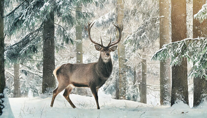 Noble deer male in winter snow forest. Artistic winter christmas landscape.