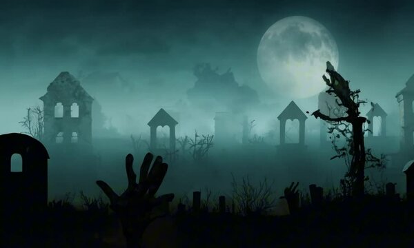 Zombies rising from graveyard in scary and spooky night, Halloween background concept. Digital painting