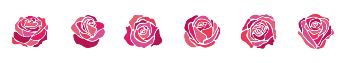 rose silhouette stained glass colorful vector illustration art set. Flower roses petal outline romantic valentine's day love bouquet decorative mosaic graphic design wedding card married red pink line
