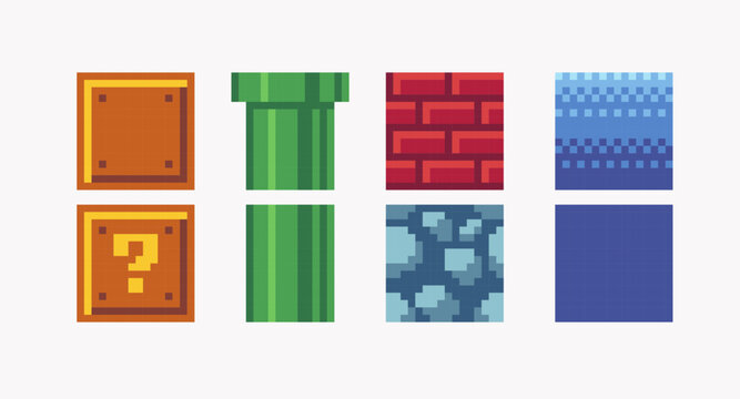 Pixel art square blocks. 8 bit platform tiles. Game development, mobile app template. Texture grid vector illustration. 