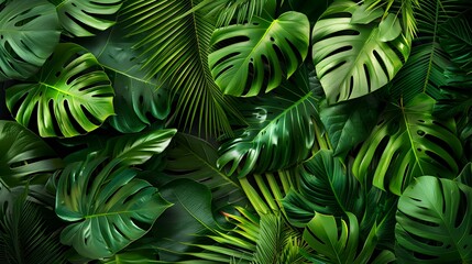 Obraz premium Tropical Greenery with Lush Monstera Leaves, Seamless Pattern of Exotic Jungle Foliage 