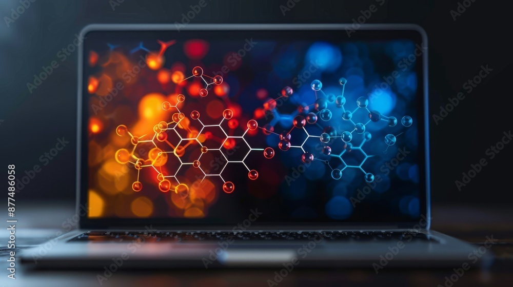 Poster a close-up shot of a modern laptop with a screen displaying a chemical molecular structure. the back