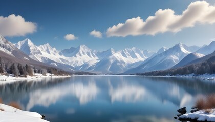 Lake and snowy mountains, landscape panorama view theme
