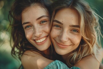 Fototapeta premium Two Friends Embracing and Smiling in a Sunlit Garden