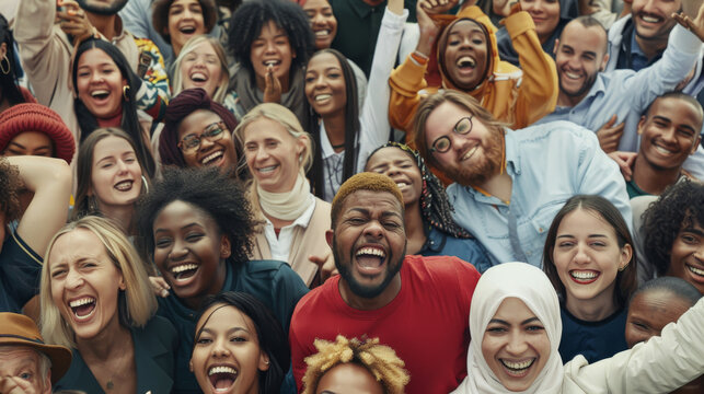 A diverse and joyful group of people, all smiling and cheering, demonstrating unity and happiness in a vibrant portrait.