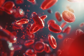 Close-up view of red blood cells flowing steadily through veins, highlighting their role in distributing nutrients and removing waste.