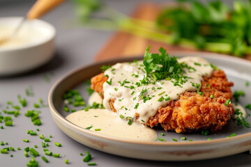 Close-up of chicken fried steak with creamy gravy and herbs