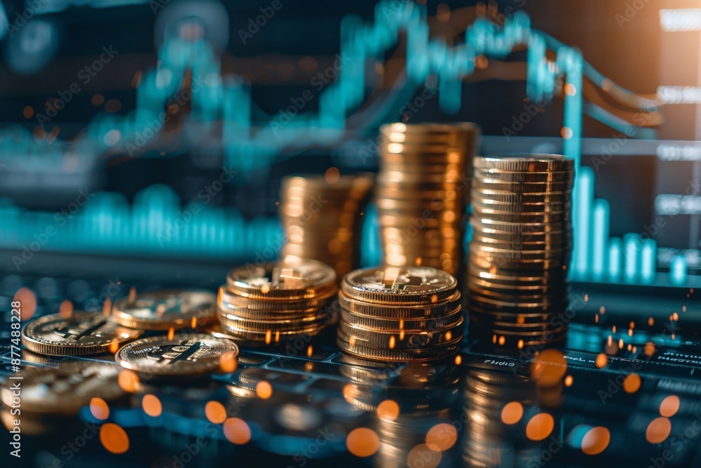 Poster stacks of coins with financial graphs in the background