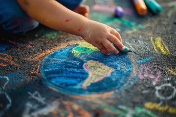 Close-up of a child's hand drawing a planet Earth with colorful chalk on pavement, spreading awareness for Earth Day.