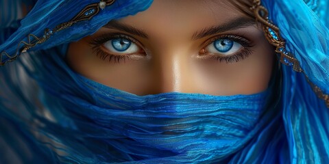 Naklejka premium A portrait of a woman with vibrant blue scarf with luminous eyes. Woman of beauty and tradition with a blue scarf and captivating features.
