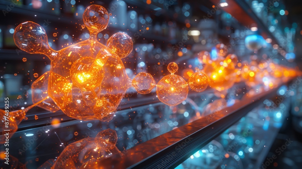 Poster an abstract digital image of an orange molecular structure floating on a futuristic display.
