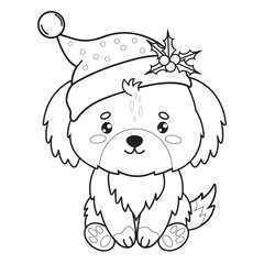 Christmas dog in Santa hat. Outline cartoon kawaii animal. Line drawing, coloring book. Vector illustration. Kids holiday collection