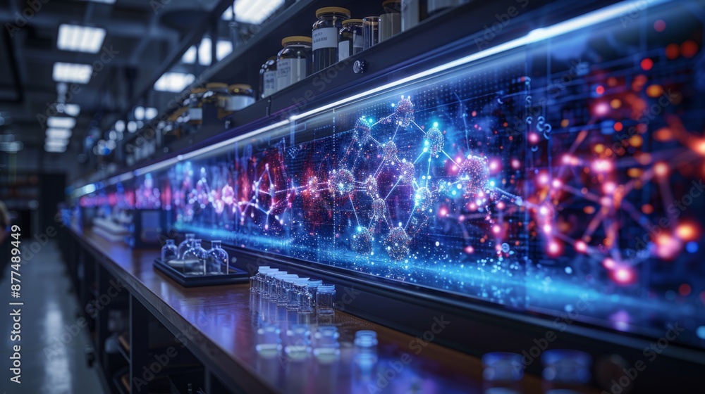 Poster a modern laboratory with a digital screen displaying colorful molecular structures.