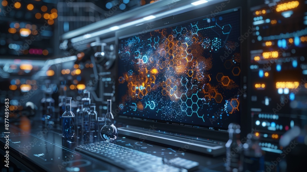 Poster a futuristic laboratory workstation with a computer displaying a data visualization of hexagonal pat