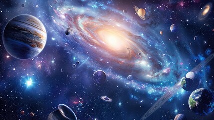 Spiral galaxy, planets and stars in the deep Universe. Cosmic theme with nebulae in the starry dark blue space 