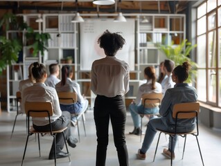 Confident female business coach teaches small group of people new business knowledge. People are sitting on chairs in office of business center listening to woman standing with her back to camera
