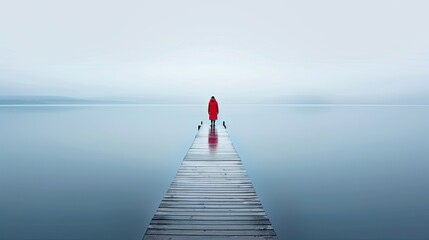 Obraz premium A woman in a red coat stands on a wooden dock over a foggy lake