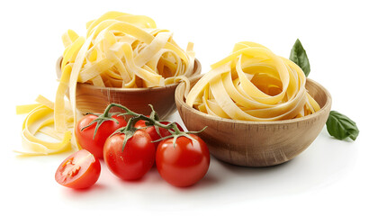 Italian cuisine concept - raw pasta and ingredients. Healthy vegetarian diet, isolated on white