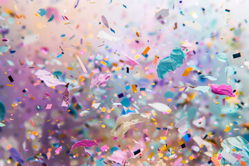 surreal pastel-colored confetti , creating an otherworldly atmosphere. soft edges, pastel colors of white, pink, purple, blue, green, yellow and black, with an orange tone. fantasy, magical
