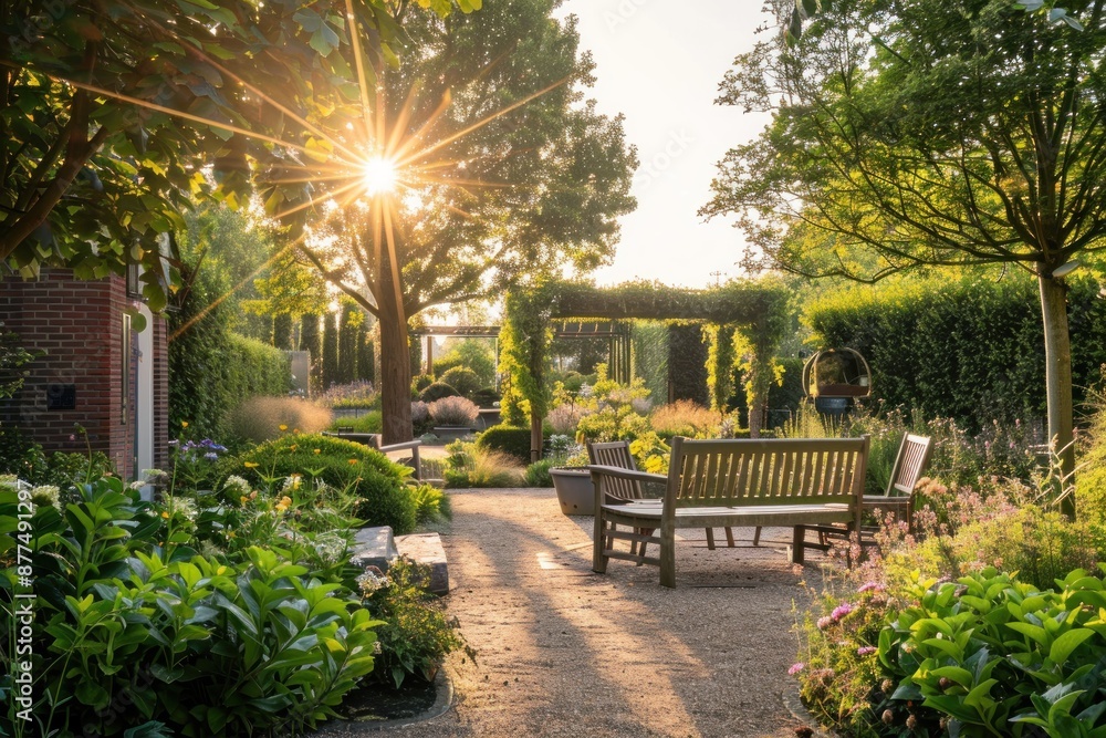 Poster a garden with a bench and a tree in the background