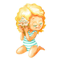 Summer vacation concept. Smiling little girl siting and listening to large shell, that she holds close to ear. Isolated watercolor illustration of a Child resting on a beach for t-shirts and postcards