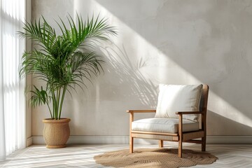 Comfortable wooden arm-chair with white cushions against light wall. Modern armchair and big plant in pot near window. Stylish interior design. Generated AI