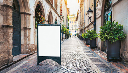 Outdoor mockup of a blank information poster on patterned paving-stone; an empty vertical street...