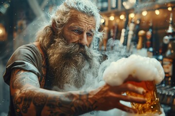 Bearded Bartender Serving a Frothy Beer in a Rustic Pub