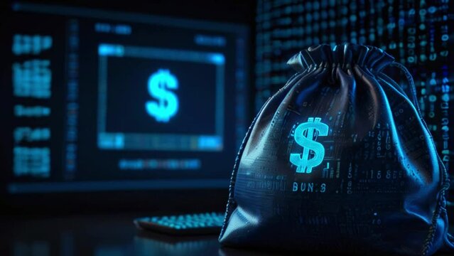 A dark blue money bag with a dollar sign on it sits in front of a computer screen with a dollar sign in the background.