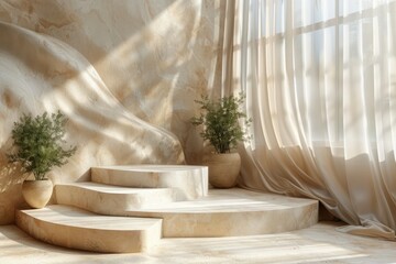 Abstract Beige Podium Display Stand for Luxury Cosmetic Products on Minimal Studio Scene with Geometric Shadow and Silk Render Wall