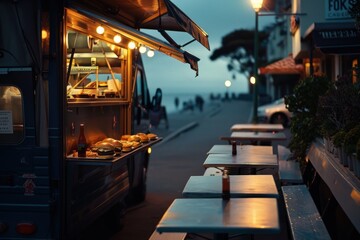 A food truck is parked on a street with tables and chairs set up for customers
