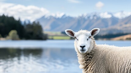 Obraz premium A beautiful and clear photo of a white sheep with a serene mountain range in the background, focus cover all object