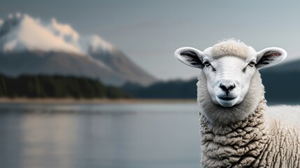 Fototapeta premium A beautiful and clear photo of a white sheep with a serene mountain range in the background, focus cover all object