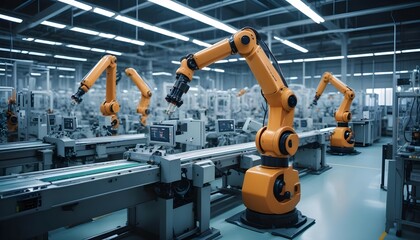 HD image of a high-tech smart factory with robotic assembly lines