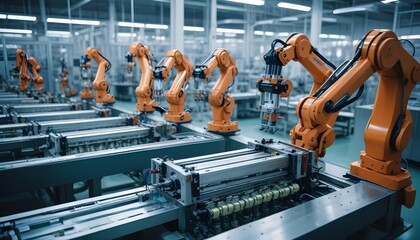 HD image of a high-tech smart factory with robotic assembly lines