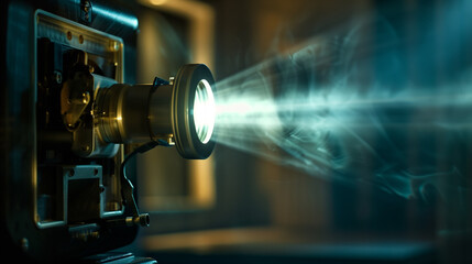 Fototapeta premium Close up of a movie projector lens emitting bright light in the dark. The light diffuses into the surroundings, giving the room an atmosphere of cinematic magic and anticipation.