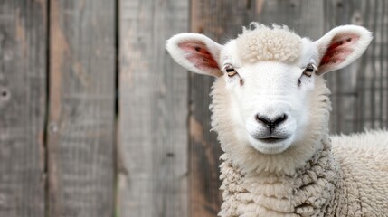 Fototapeta premium A charming and detailed photo of a white sheep near an old wooden fence in a rustic farm setting, focus cover all object