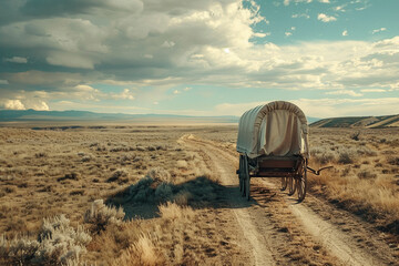 Vintage Covered Wagon on Oregon Trail, Pioneering Spirit
