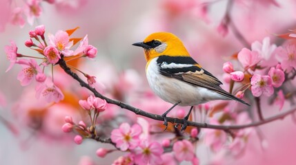 Obraz premium A beautiful and clear photo of a Goldeeg bird perched on a flowering tree, with pink blossoms surrounding it, focus cover all object