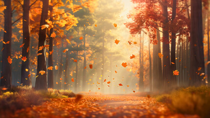 Fototapeta premium Beautiful natural autumn landscape, fall season, yellow, orange, golden fallen leaves, foliage on the grass beside a path or road in a field, park, or forest illuminated by sunlight outdoor in woods.