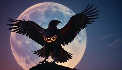 Obraz premium The silhouette of a robotic eagle against a bright full moon., high detail, vibrant color palette, studio lighting, copy background, professional grading, advertising
