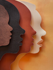 Human profile silhouette composed of overlapping, textured paper cutouts in various skin tones, symbolizing diversity and inclusion
