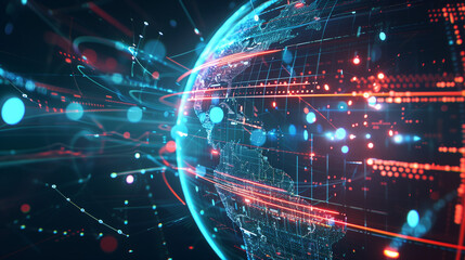 A holographic globe shown from the side, with visible data exchange lines and connected deep learning nodes spread across the continents.