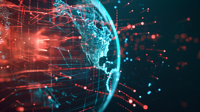 A holographic globe shown from the side, with visible data exchange lines and connected deep learning nodes spread across the continents.