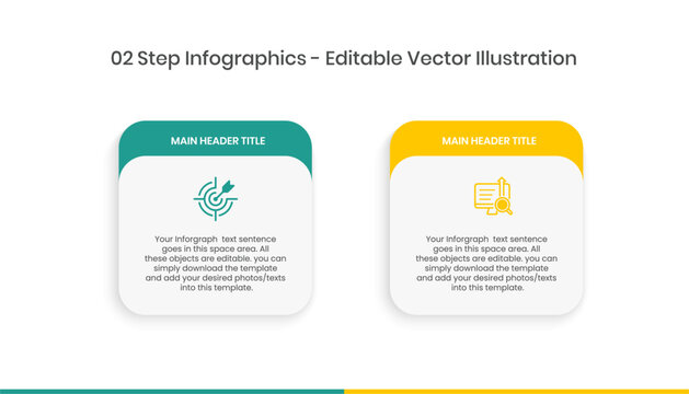 2 Step Infographics Design Template - Graph, Pie chart, workflow layout, squire diagram, brochure, report, presentation, web design Editable Vector illustration