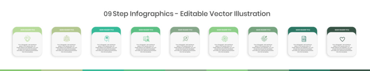 9 Step Infographics Design Template - Graph, Pie chart, workflow layout, squire diagram, brochure, report, presentation, web design. Editable Vector illustration