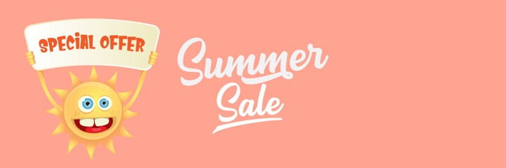 Summer Sale horizontal wide web banner. summer happy sun character holding sign or banner with special offer sale text isolated on soft pastel pink horizontal background. Summer sale