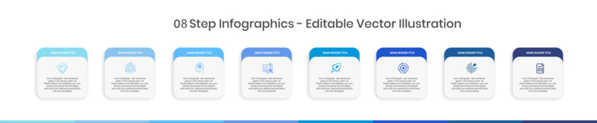 8 Step Infographics Design Template - Graph, Pie chart, workflow layout, squire diagram, brochure, report, presentation, web design Editable Vector illustration